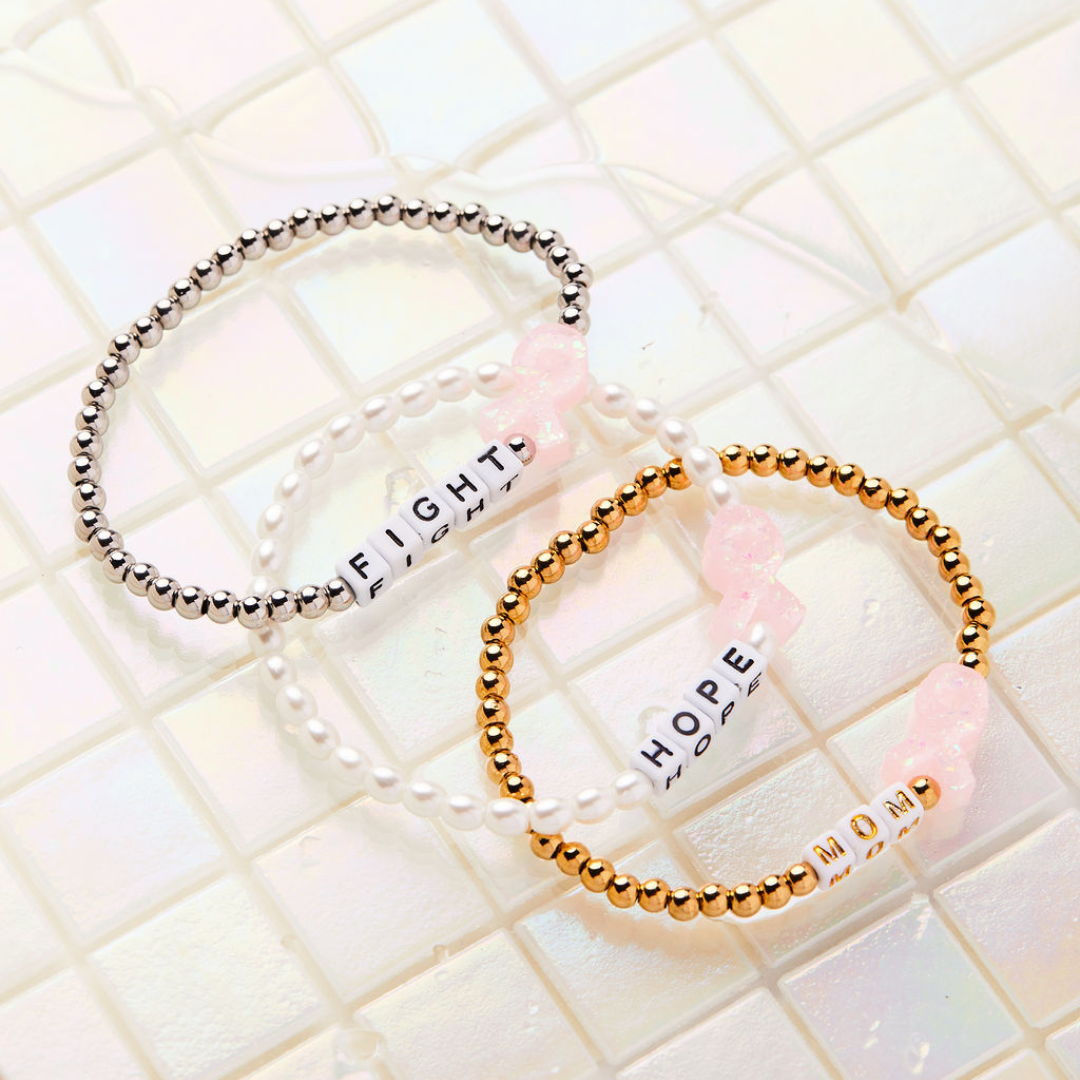 PERSONALIZED HOLY WATER PINK RIBBON BRACELET IN GOLD